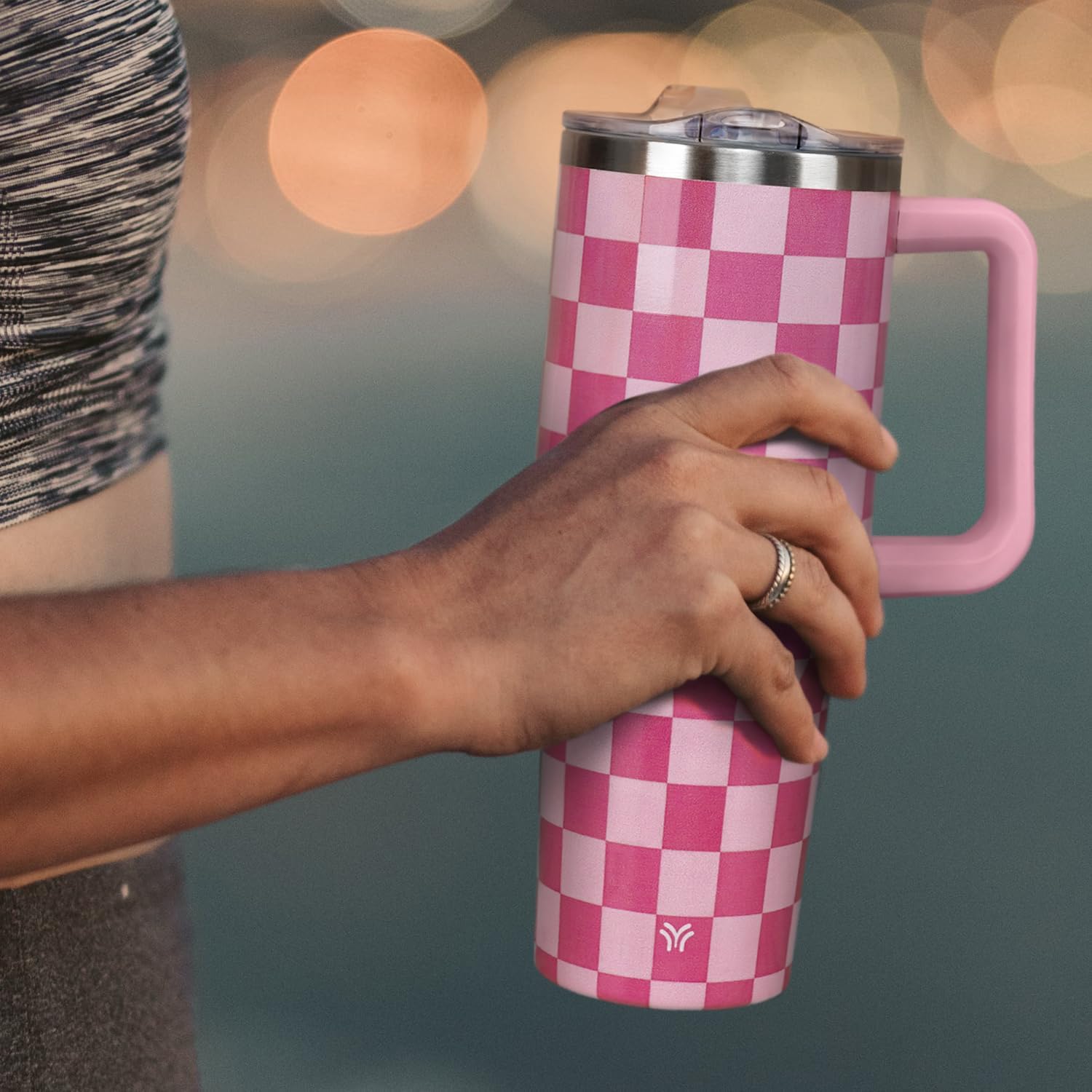 40 oz Tumbler with Handle and Straw Lid | Vacuum Insulated Leak Proof Tumbler | Stainless Steel Water Bottle Cup Gifts for Moms Dads Women Men Him Her | Pink Checkered - Image 7