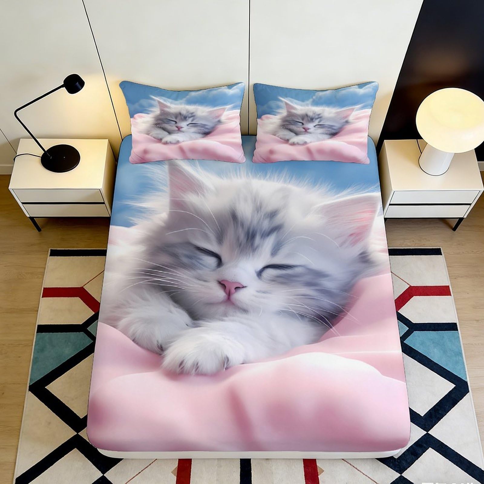 K1r3d9e5 Style-2 3D Printed Fluffy Kitten Fitted Sheet Microfiber Soft Pink Cat Art Bed Cover For Bedroom Dorm Mattress Decor 90X200x25cm