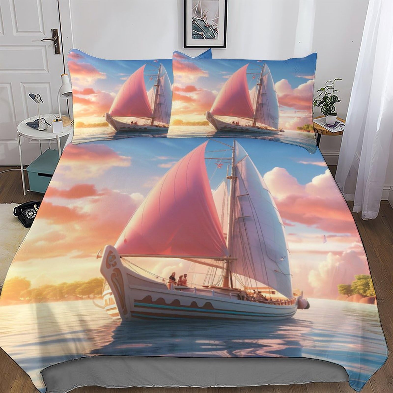 Housse de couette voilier anti-plis en microfibre douce pour lit double 200x200cm