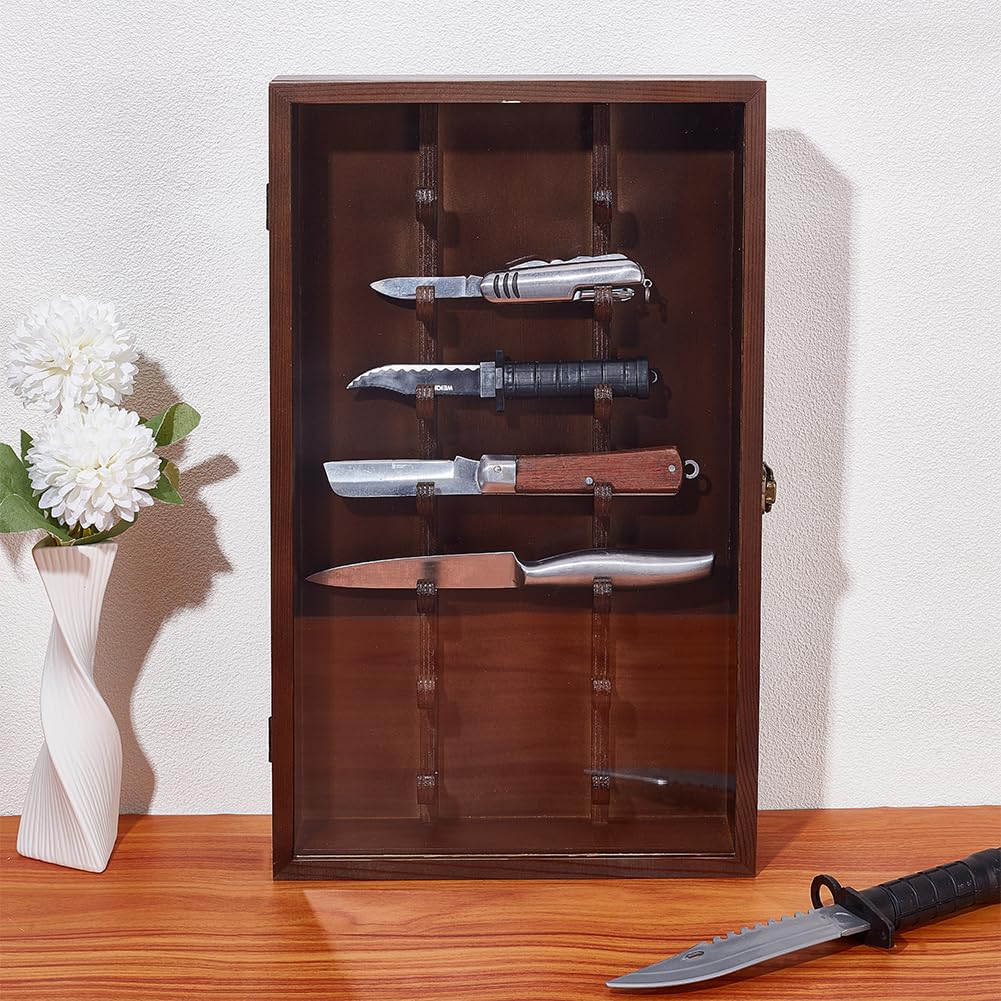 UNICRAFTALE Vetrina in legno con porta in vetro acrilico trasparente di cocco, coltello pieghevole militare, supporto militare, scatola per ombre per montaggio a parete, display da scrivania, 263 x