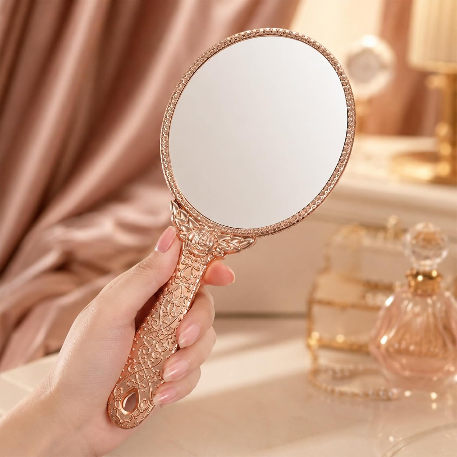 Vintage Hand Mirror, Rose Gold Hand Mirror, Vintage Handheld Mirrors, Antique HandMirror, Oval