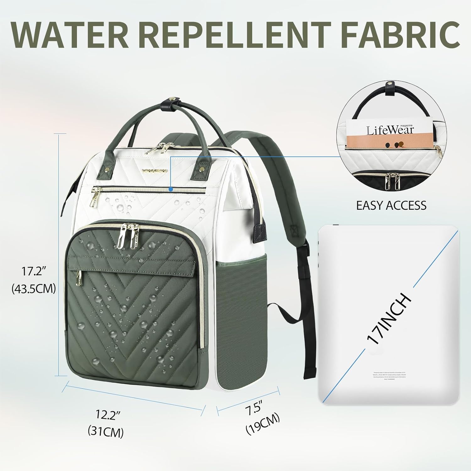 VANKEAN 17 Inch Laptop Backpack for Women Men Fashion Computer Work Bag, Large Capacity Waterproof Backpack with USB Port & RFID Pockets, College Daypack Business Travel, Beige-Army green - Image 2