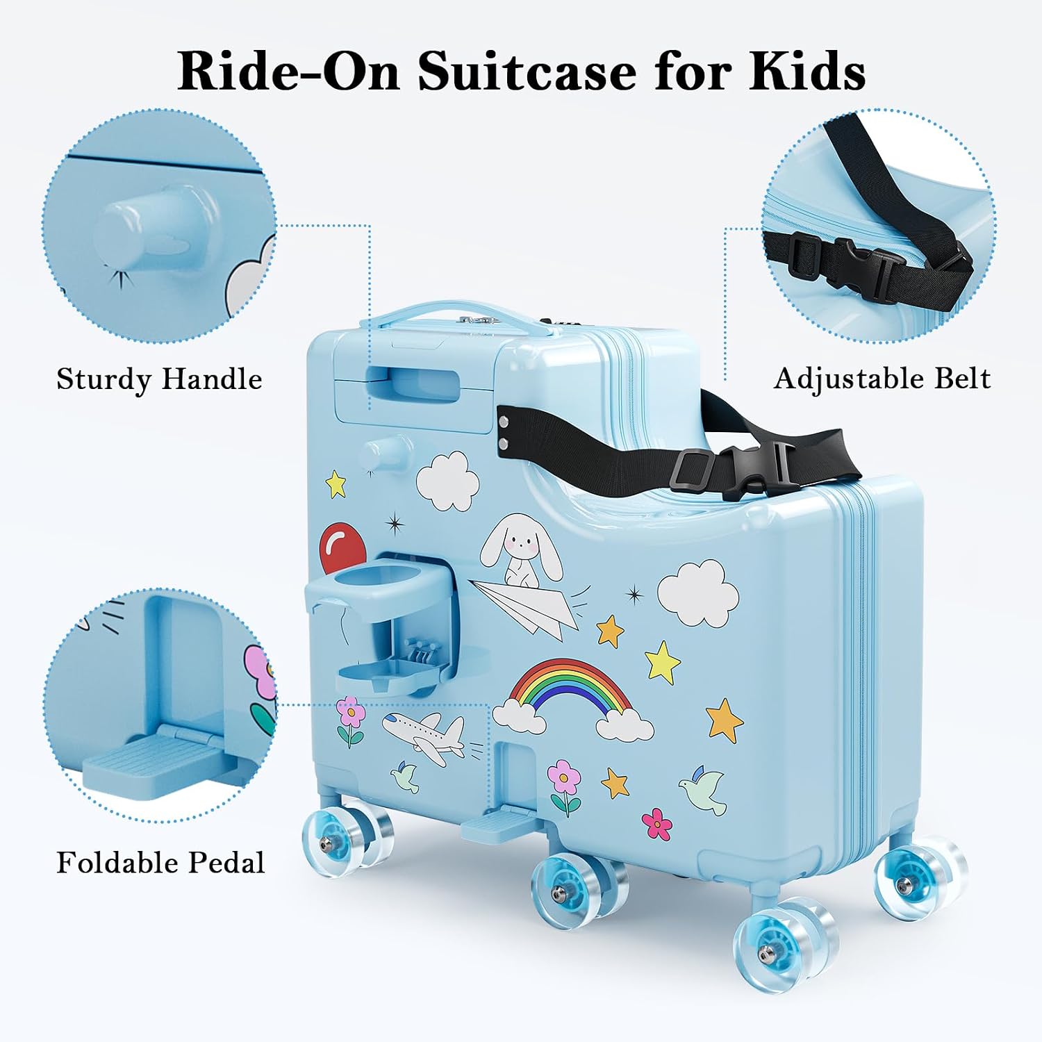 Ride On Suitcase for Kids, Kids Ride On Luggage with Wheels, Hard Shell Kids Suitcase with TSA Lock, Foldable Pedal, Cup Holder, Safety Belt & 6 Spinner Wheels, Toddler Carry On Luggage, Blue