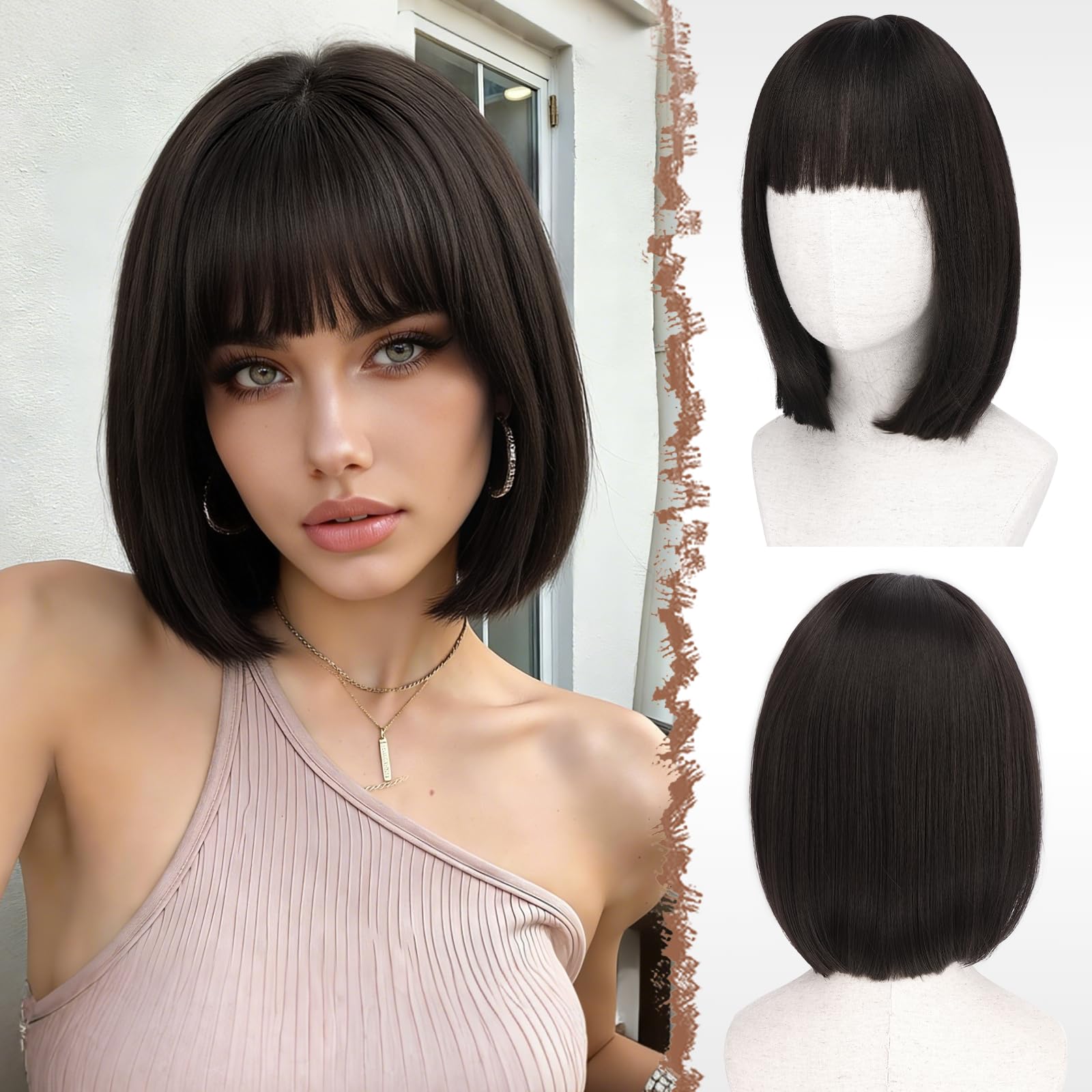 FESHFEN Nero Marrone Parrucca Bob Corta con Frangia, 30cm Dritto Colorato Parrucche Corte Sintetiche Parrucches per Donna Partito Cosplay Costume Quotidiano Uso Carnevale Bob With Bangs