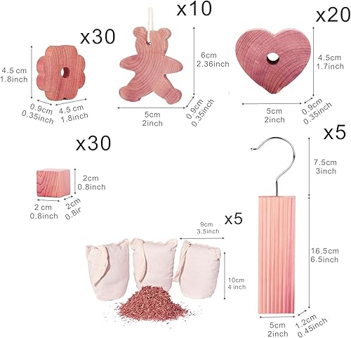 Miniatura 9 de Langxinese Paquete de 32 perchas de cedro (12) + corazones de cedro (20), colgantes de cedro, bloques de cedro para almacenamiento de ropa, cedro