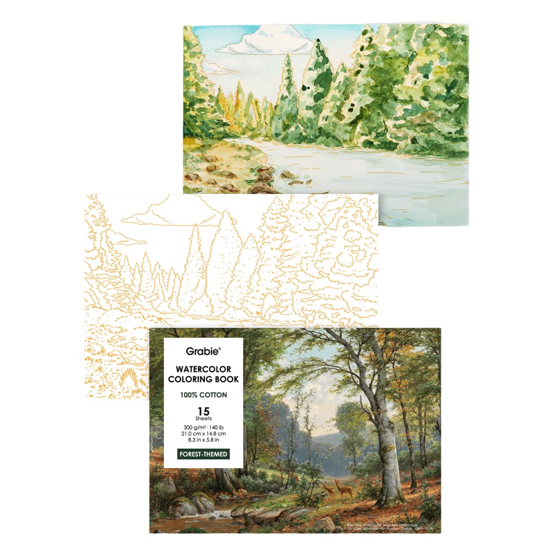 Watercolor Coloring Book, 15 A5 Cotton Sheets, Forest Themed