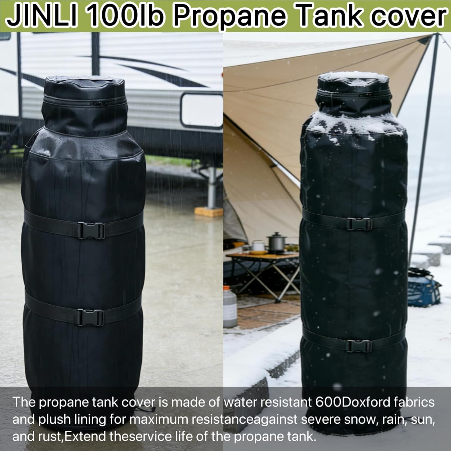 JINLI 100lb propane tank insulation protection cover: 600D heavy-duty Oxford cloth with fleece, top flip cover + adjustable buckle, winter frost protection, outdoor UV resistance, black