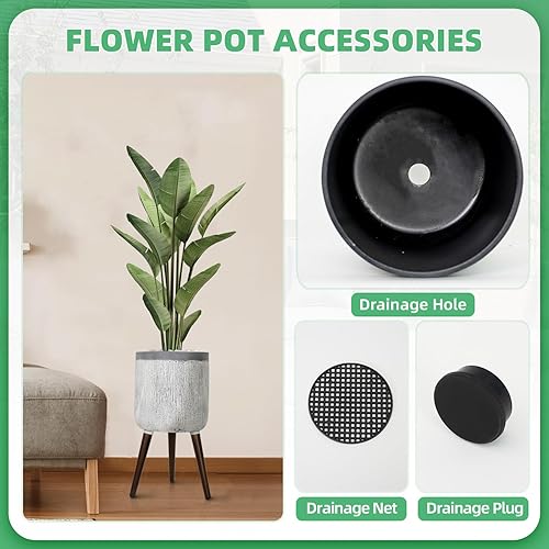 Miniatura 3 de Maceta de 12 pulgadas con soporte, macetas modernas con patas de madera, macetas grandes de mediados de siglo con agujeros de drenaje para plantar