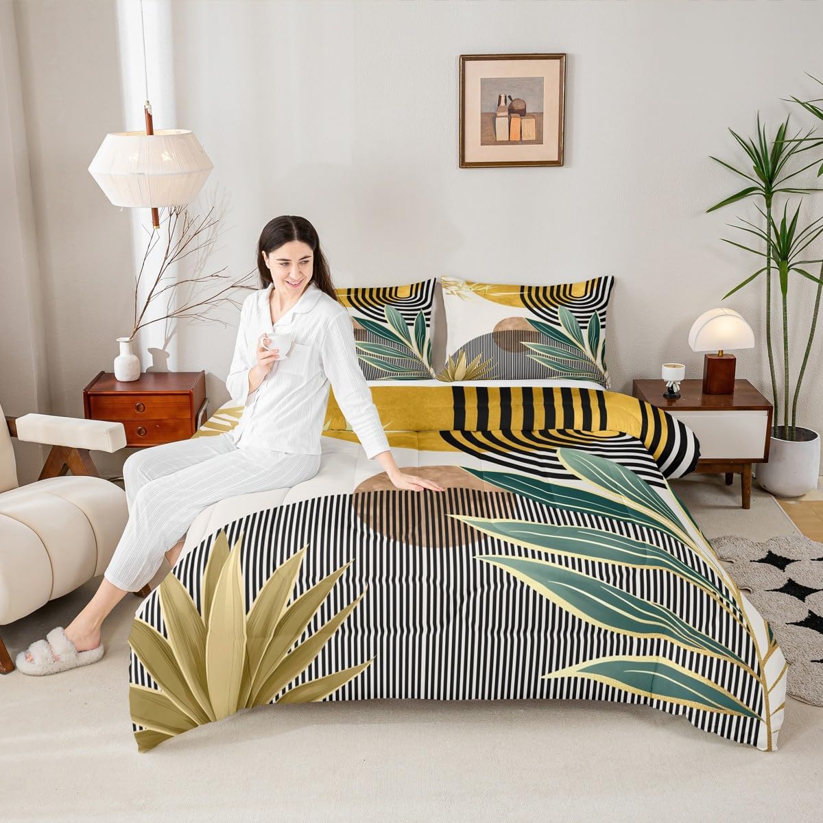 Erosebridal Mid Century Bedding Set Queen Size Contemporary Bohemian Comforter Set,Modern Abstract Stripes Bedding Comforter Sets Geometric Retro Minimalism Quilt for Boys Girls,Yellow