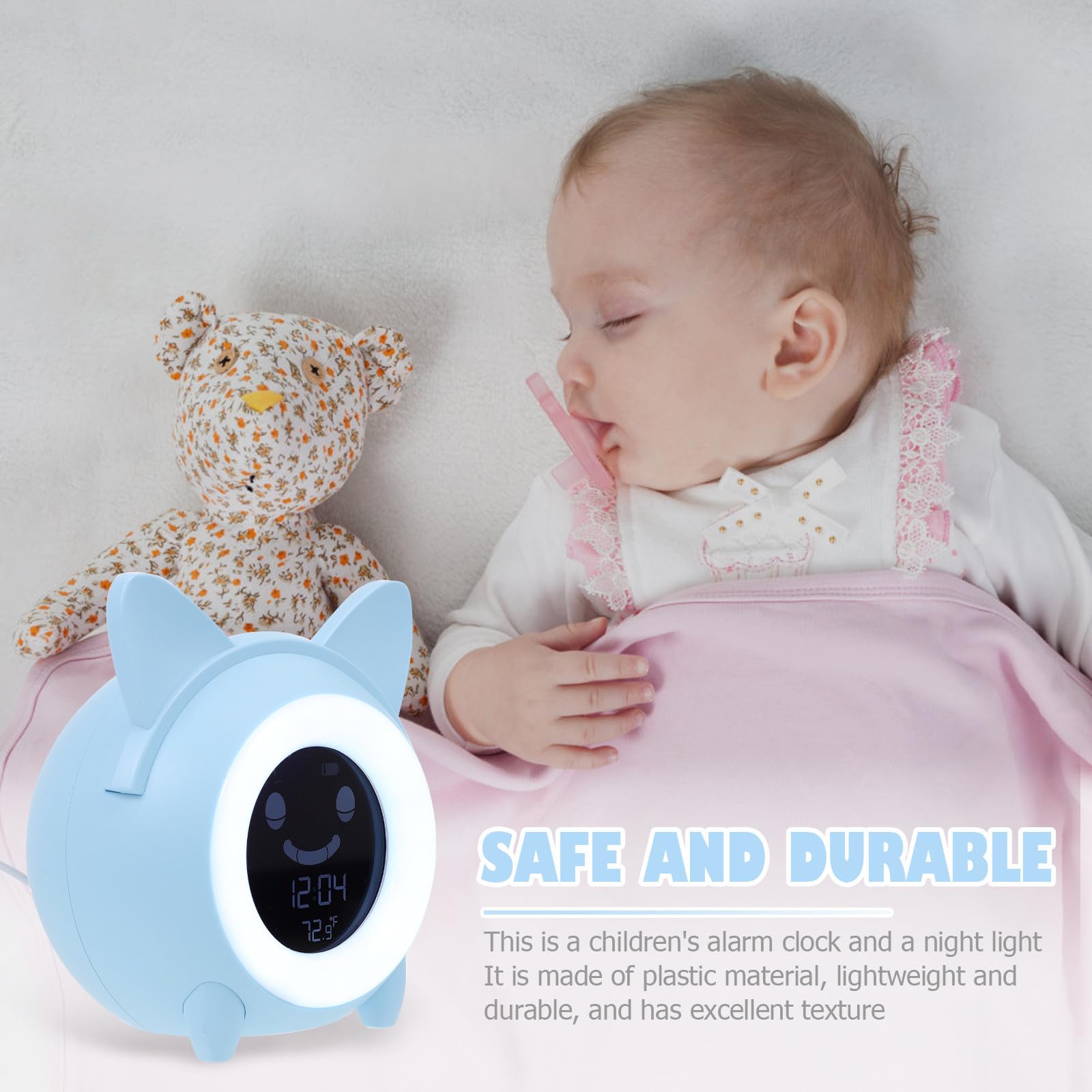 Reloj Despertador Infantil Digital Luz Nocturna, Plástico Azul, Despertador y Lámpara de Noche, Uso en Dormitorio y Hogar