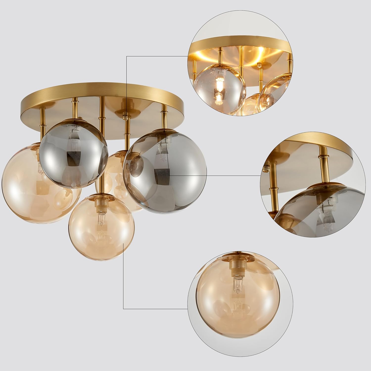 SM Saint Mossi Modern Bubble Ceiling Lighting Fixture, 5-Light Flush Mount Chandelier, Glass Globe Ball and Brass Canopy, W14” xH12“, Flush Mount Ceiling Light for Living Room Bedroom Dining Room
