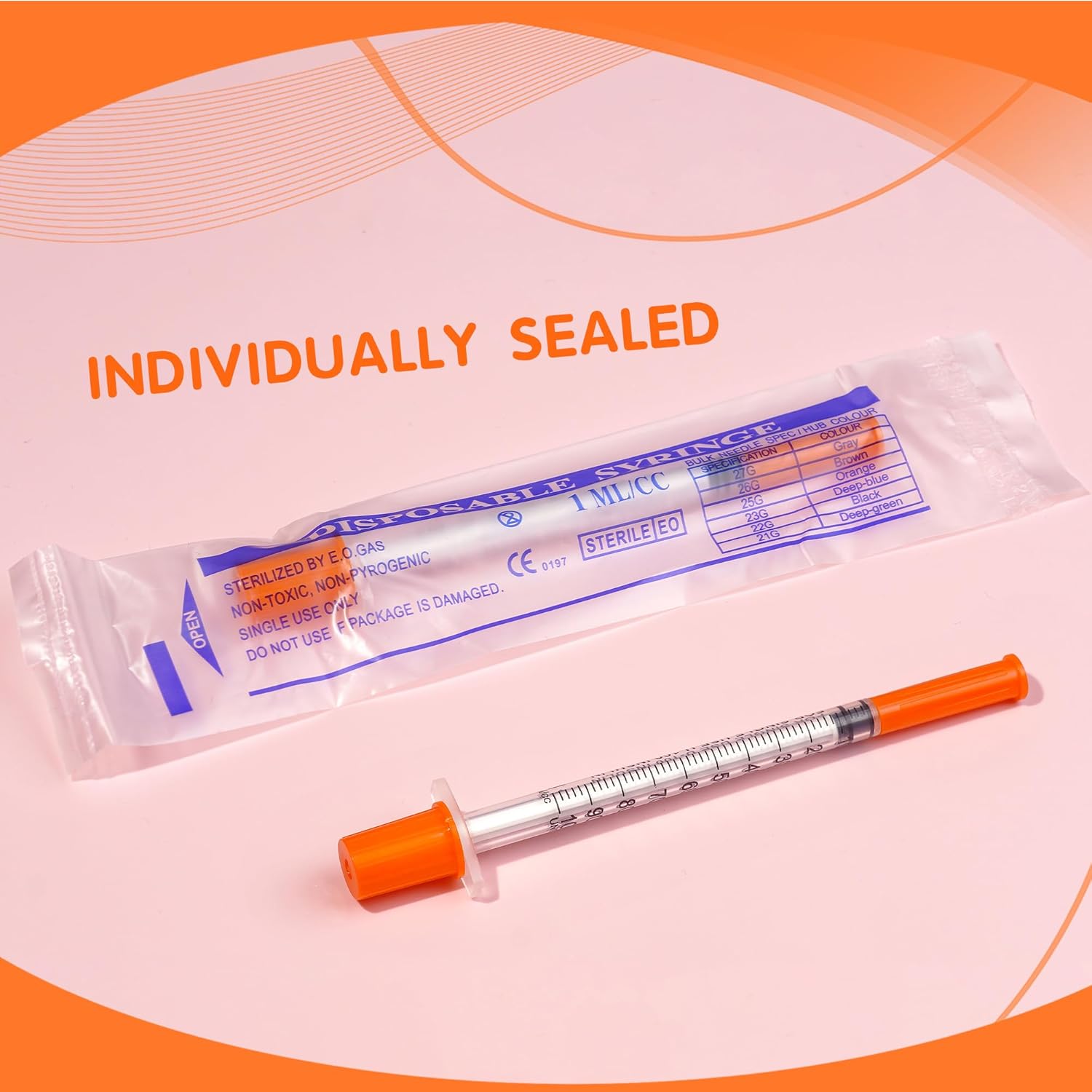 1ml/cc 31G 1/4 Inch Syringes, Disposable Syringe, Individual Wrapped, Box of 100