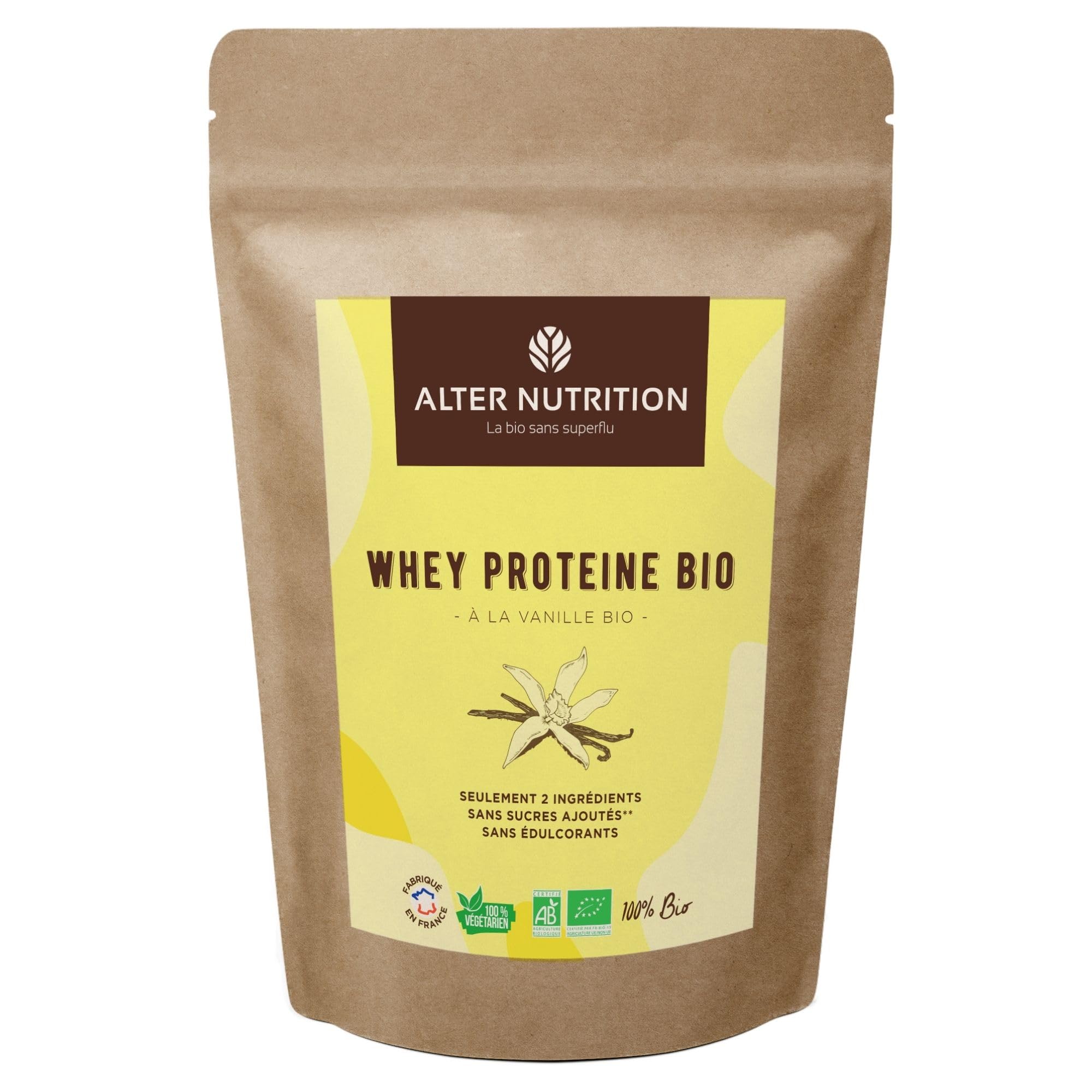 ALTER NUTRITION - Whey Protéine Bio - Vanille - Prise De Masse - Récupération - BCAA - Lait De Vache Bio - Sans Sucres Ajoutés - Fabriqué En France - 19g De Protéines Par Scoop - Sachet De 1kg