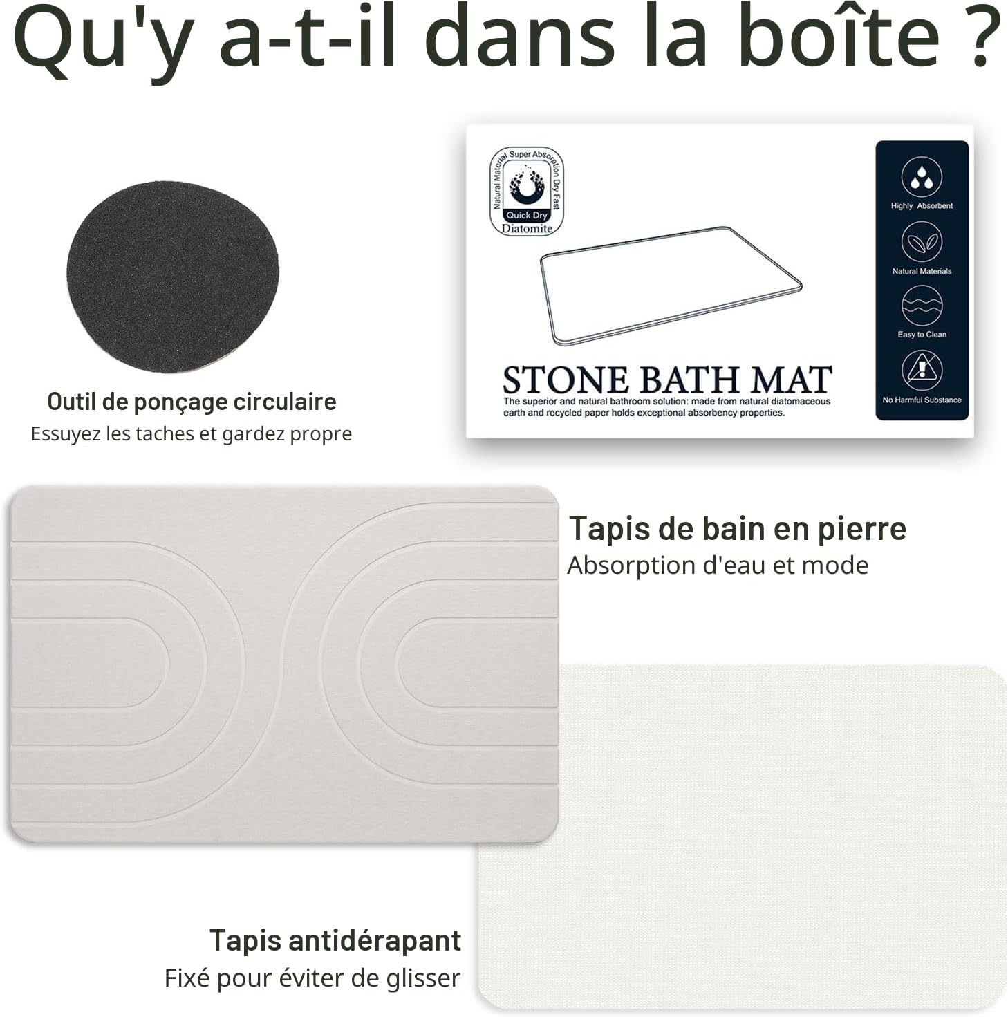 Feilifan Tapis de Bain en Pierre de Diatomite 60 x 38 cm Blanc