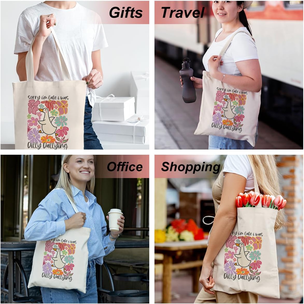 Cherry Goose Leopard Bow Flower Decor Canvas Tote Bag for Women Girls Christmas Birthday Reusable Grocery Bags - Image 5