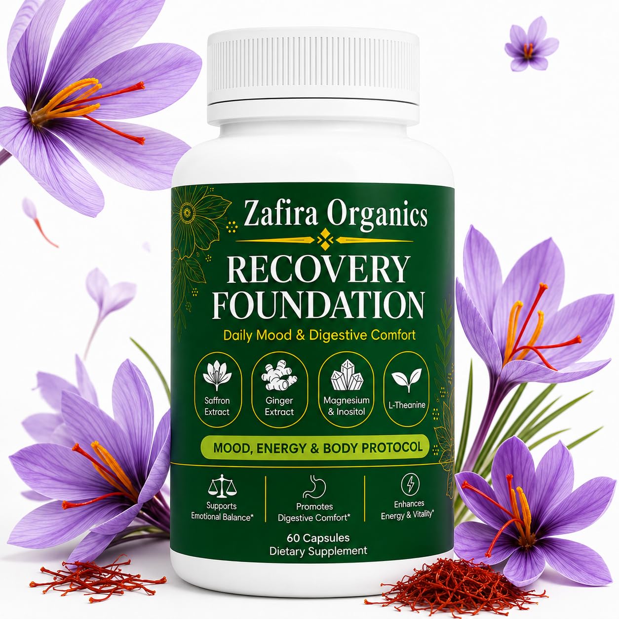 Recovery Foundation Capsules with Saffron Extract, Mood & Digestive & Hair Support, Natural Herbal Formula with Saffron & Ginger Extract, L-Theanine, Myo-Inositol, 60 Capsules
