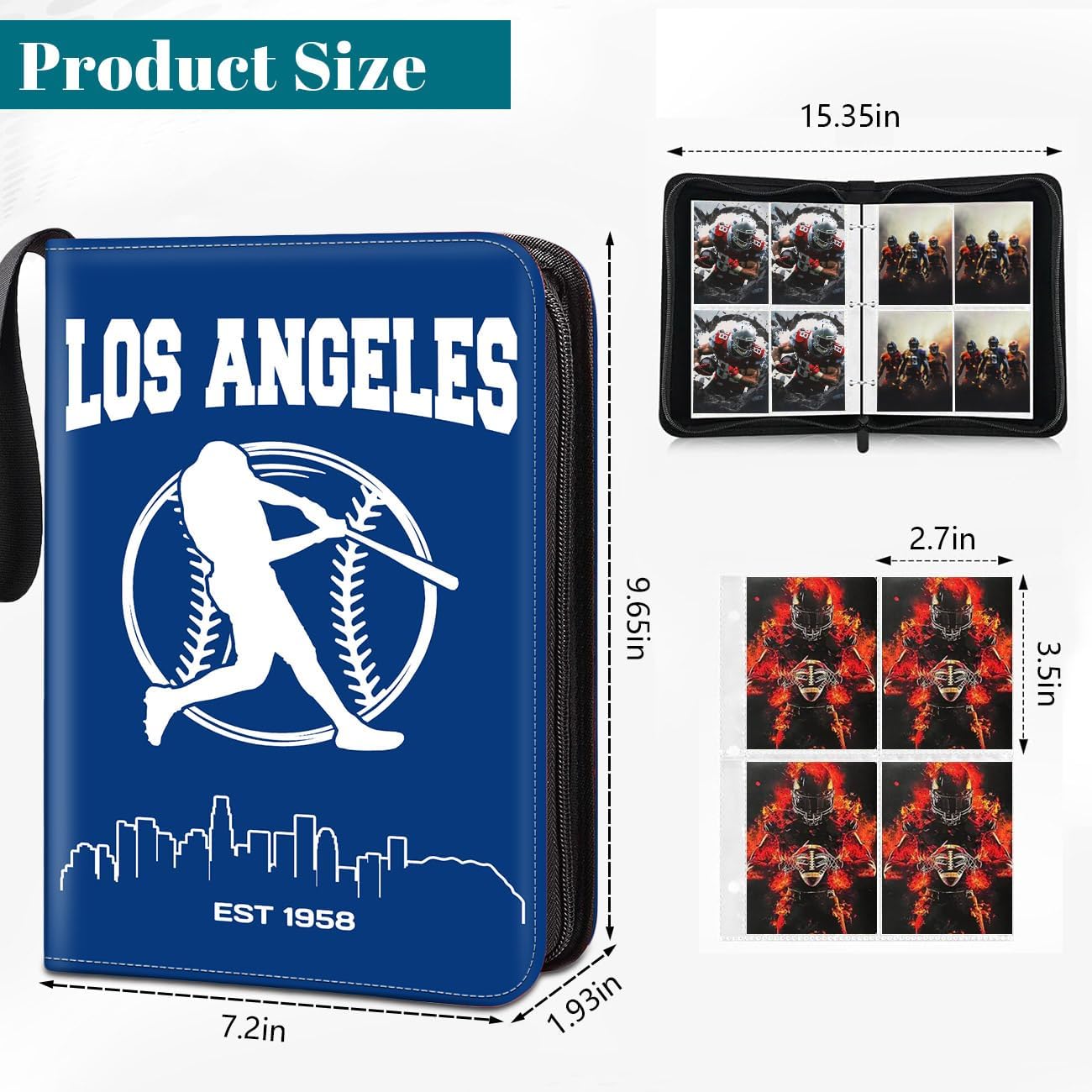 Baseball Card Binder, Los Angeles Trading Card Holder Protectors, 4 Pocket Fits 400 Cards with 50 Removable Sleevesves Card Storage Album Folder Case Collector