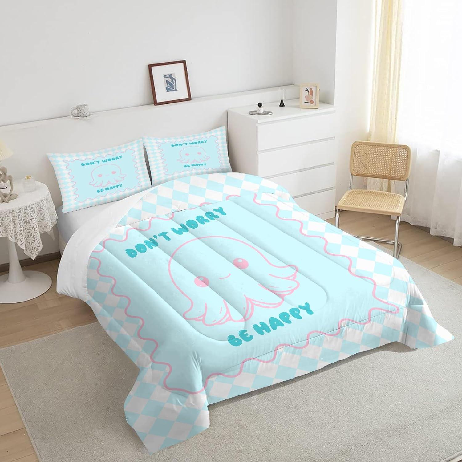 Cute Ocean Animal Comforter Set Queen Size Pink Blue Bedding Set for Girls Boys Kids Teens Funny Octopus Quilt Duvet Bed Set Sea Animals Bedroom Decor, 1 Comforter & 2 Pillowcases