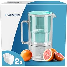 Wessper Water Filter Jug Glass 3 L, Set Water Jug and 2 Filter Cartridges, Compatible with Brita Maxtra, Water Carafe for Drinking Water with Replacement Filter - Mint