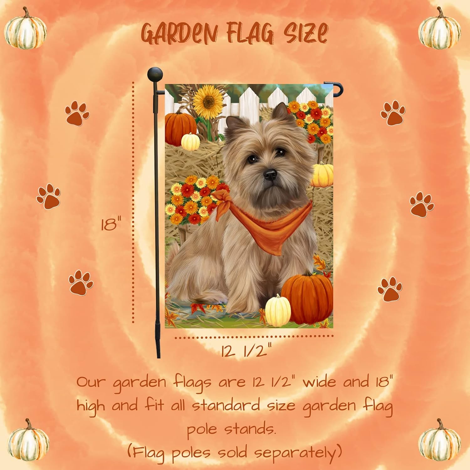 Cairn Terrier Dog Autumn Garden Flag with Pumpkins and Fall Leaves Double Sided Decorative Yard Flag Harvest Outdoor Décor for Front Porch Seasonal Thanksgiving Holiday Dog Lover Banner 12.5" x 18"