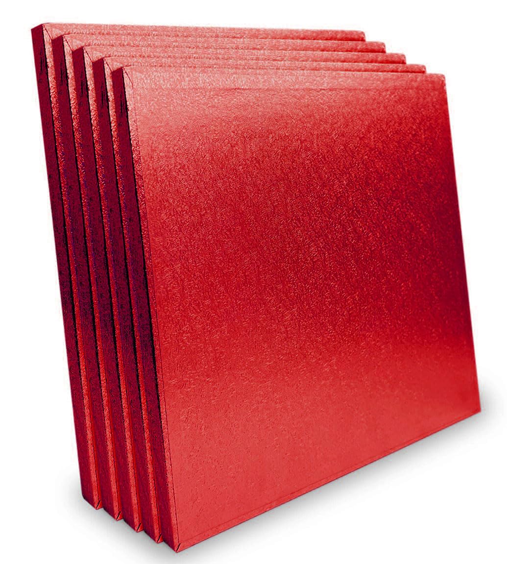 LARRYROO Pack of 5 Square Cake Drums 13mm Thick Boards Colourful Foil Covered (Red, 8 Inches)