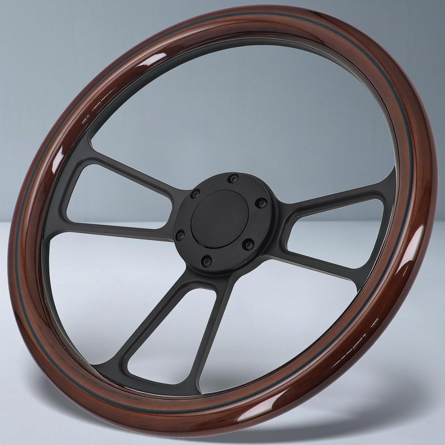Sorghum 14" Solid Wood Steering Wheel - 3 Spokes Black Aluminum Chrome Classic Steering Wheel with Horn Button for Racing Rally Motorsports - Black Line Design