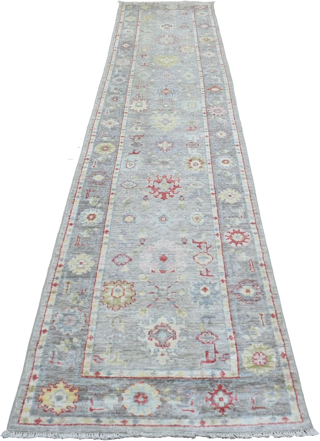Gray Angora Ushak with Bold Floral Pattern Pure Wool Hand Knotted Oriental Runner Rug (2'7"x12'2")