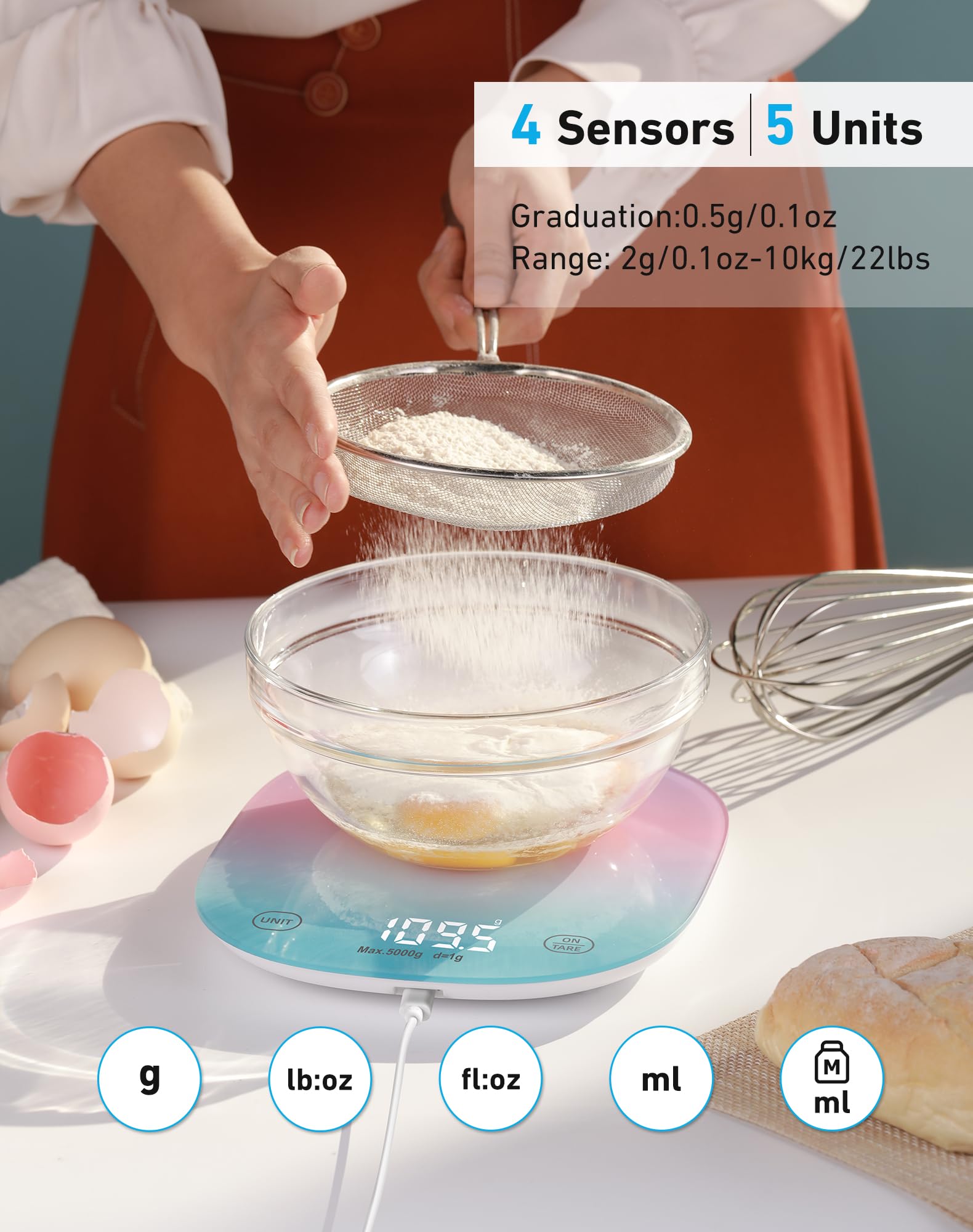 areaf Digitale keukenweegschaal, met app, bluetooth, calorieënteller, oplaadbaar