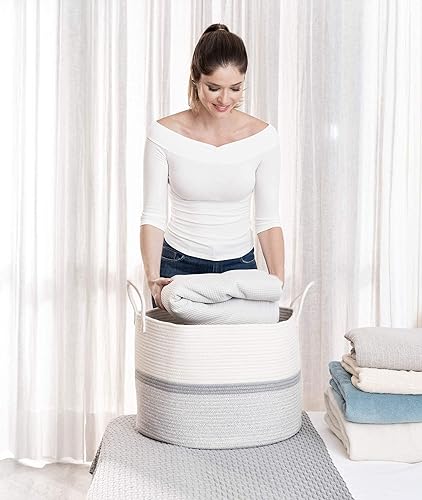 Miniatura 59 de OrganiHaus - Canasta tejida extragrande de cuerda suave de algodón para mantas de sala de estar, para almacenamiento, lavandería, guardería