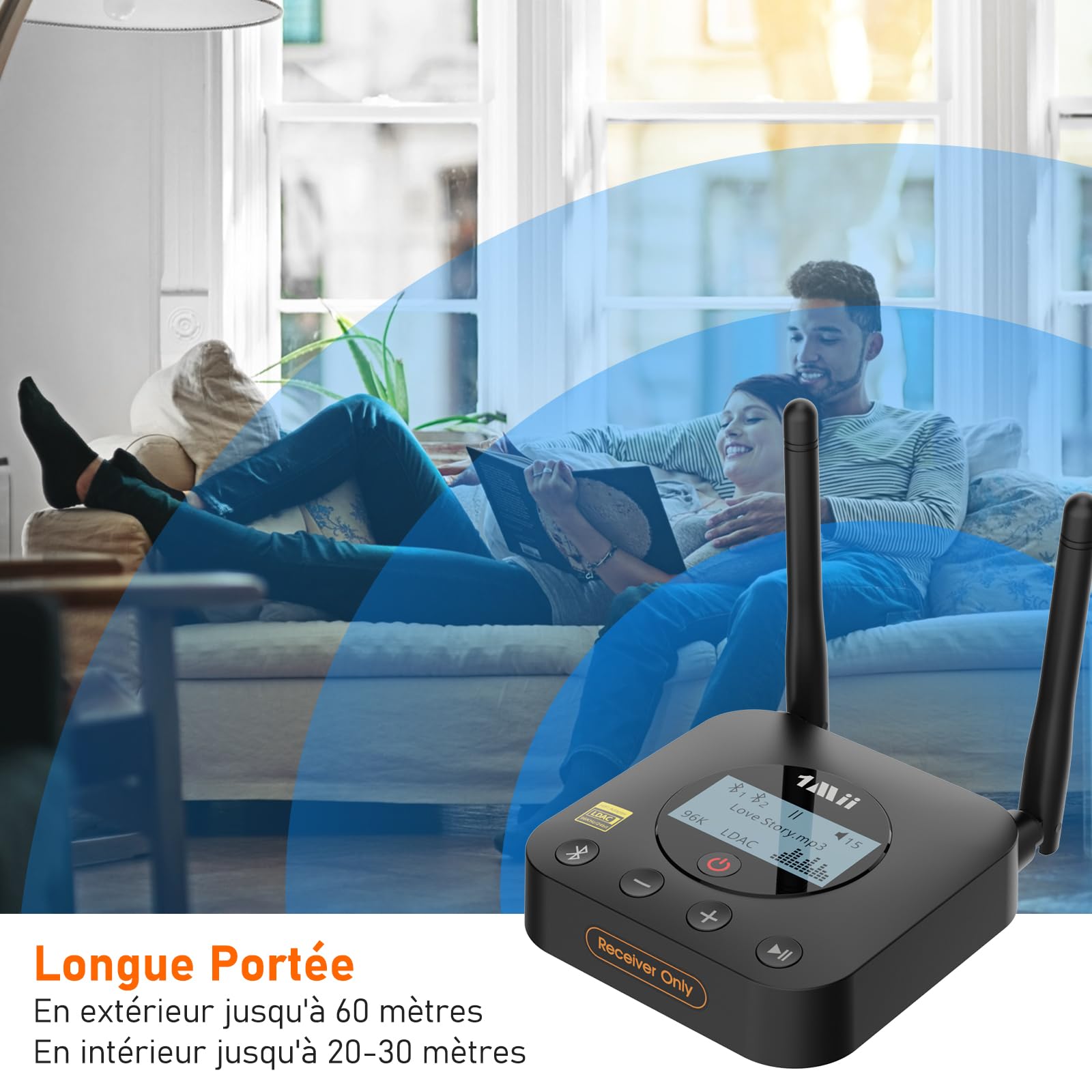1Mii B06Pro+ Récepteur Audio Bluetooth 5.3 Hi‑FI, pour Chaîne Hi‑FI | Adaptateur sans Fil avec LDAC Hi‑Res, aptX HD Faible Latence, Sorties RCA/Jack 3,5 mm Optique Coaxial, Écran LCD