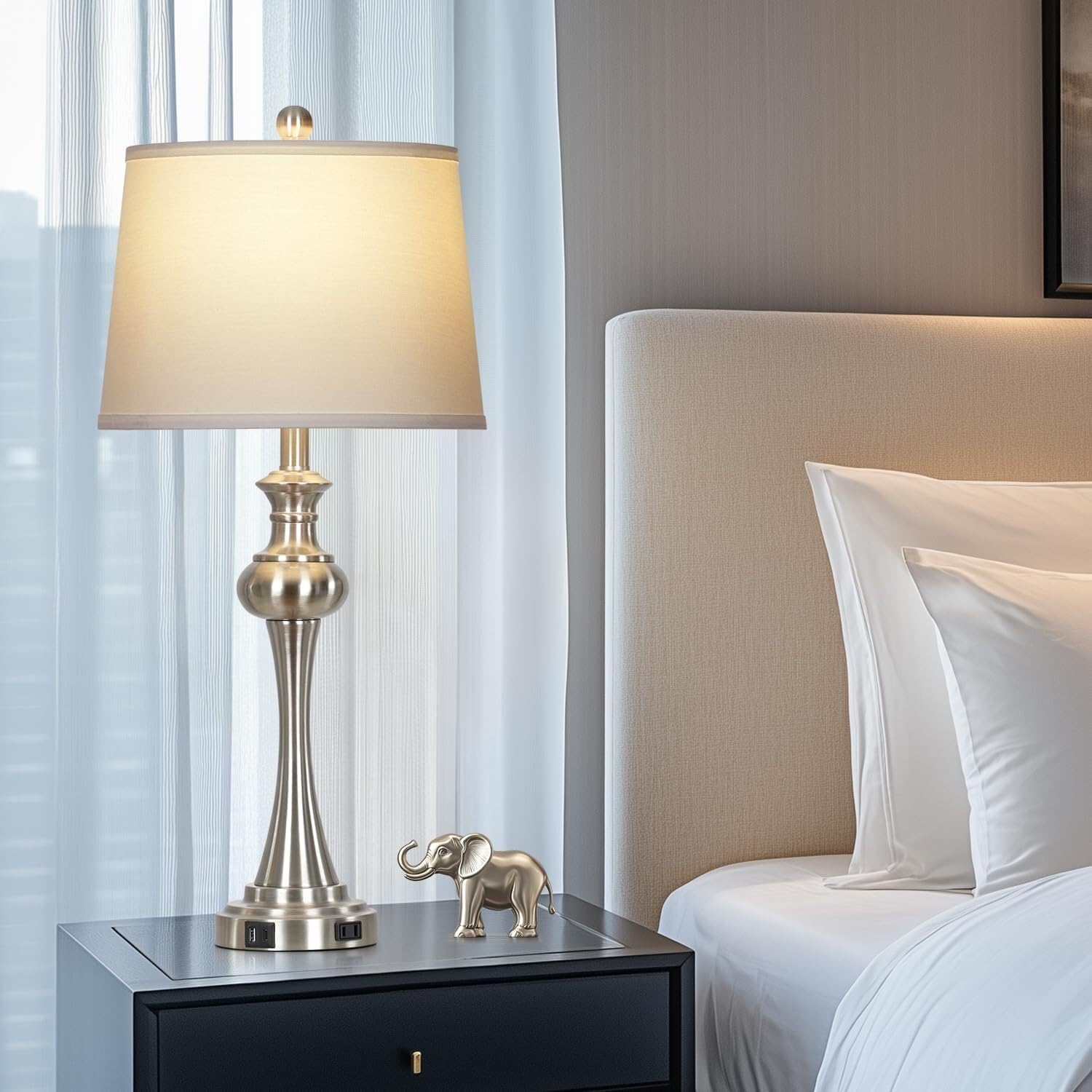 ZR98US 28.75" Two-Piece Bedside Lamp Set with USB A+C Ports, Beige Fabric Lampshade, Suitable for Living Room and Office (Brown)