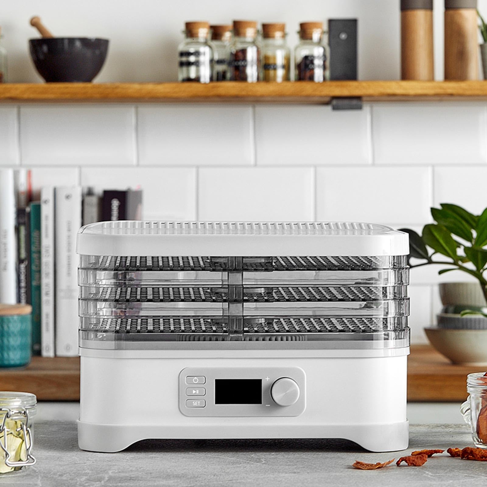 SPRINGLANE Deshidratador de alimentos gris/blanco, deshidratador de frutas verduras carne y hierbas, 5 bandejas de deshidratación, temporizador, temperatura ajustable, libro de recetas