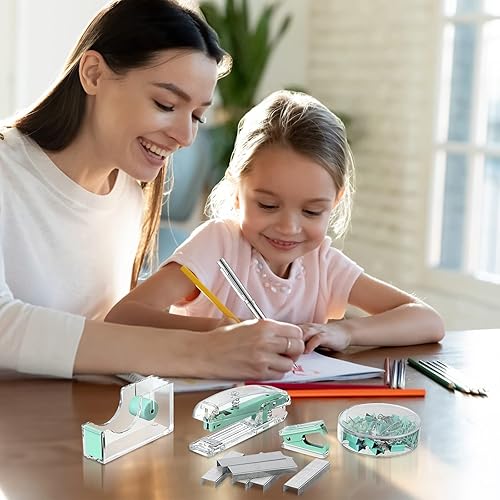 Miniatura 5 de Juego de suministros de oficina, juego de accesorios de escritorio, juego de grapas acrílicas, dispensador de cinta, clips para carpeta, clips de