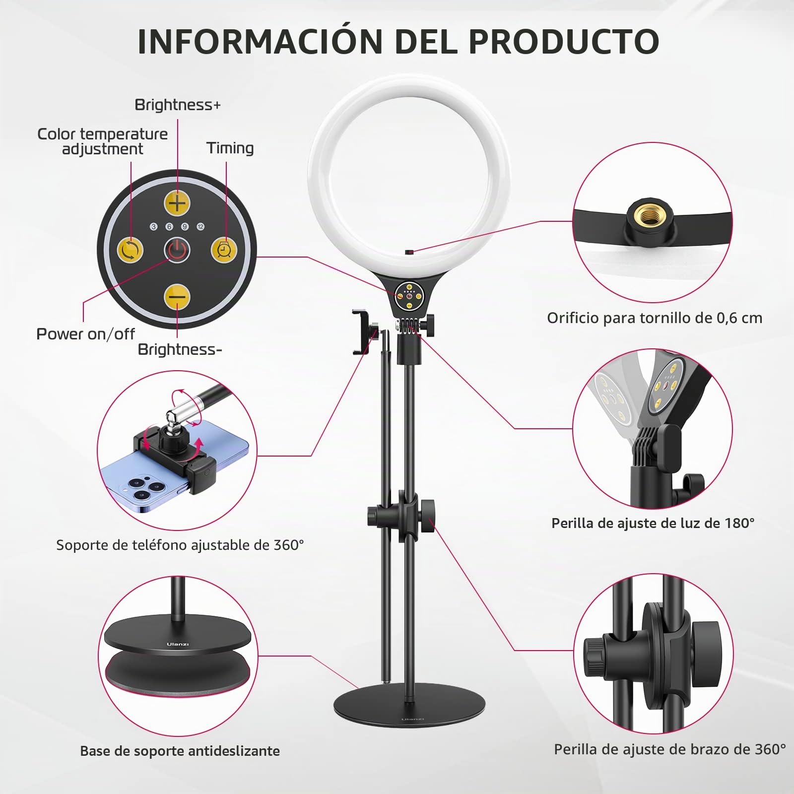 10 '' Luz de Anillo con Soporte de Brazo, ULANZI Ring Light de Soporte Escritorio, 3500k-6500K Regulable, Luz Anular con Soporte para Teléfono para TikTok, Maquillaje, Fotografía, Selfie