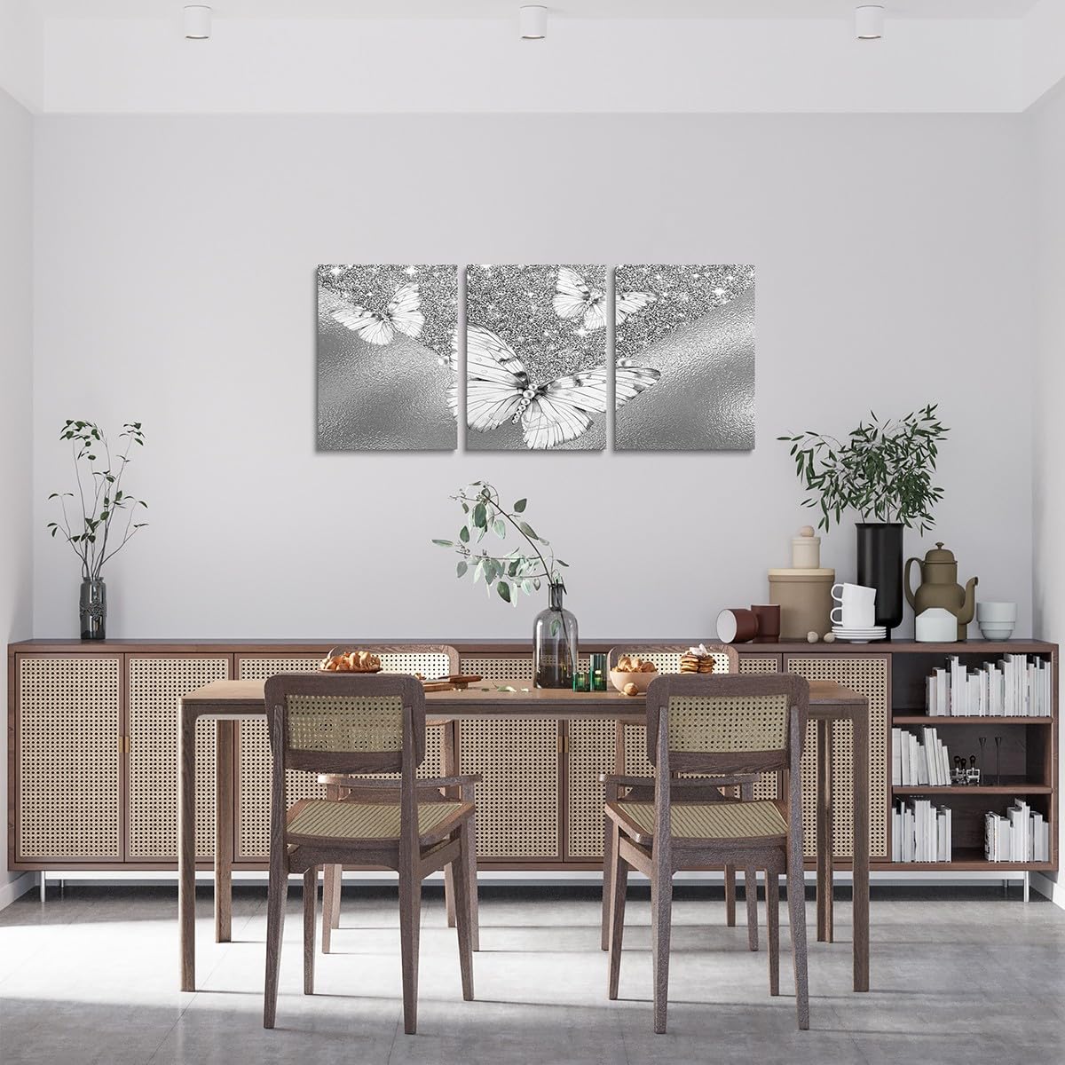 Loussiesd Glitter (No Glitter) Bathroom Wall Art for Home Decor 40X30cm Stylish Butterfly 3 Piece Canvas Wall Art for Living Room Bedroom Animals Office Wall Decor Artwork Posters Silver Grey - Image 2