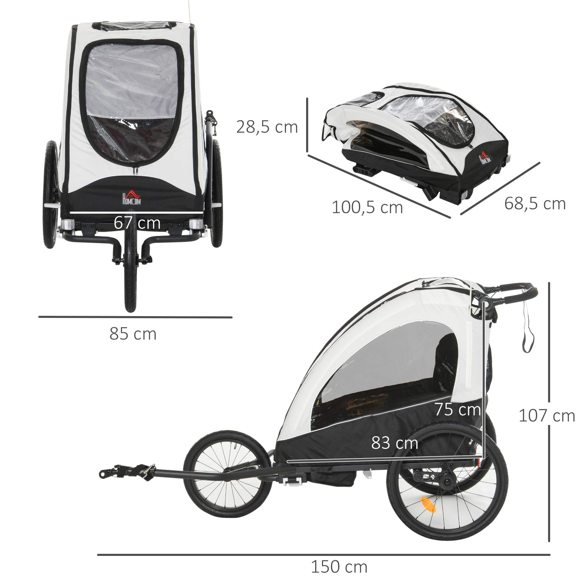HOMCOM Remorque pour Enfants 3 en 1 Jogger Aluminium Vélo 2 Enfants Drapeau Blanc Noir 150x85x107 cm