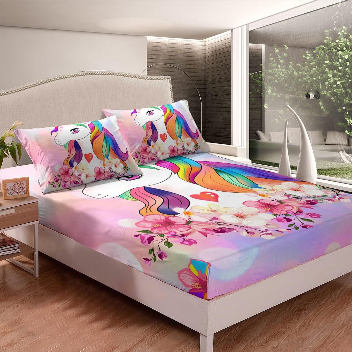 Feelyou Cartoon Unicorn Pattern Sheet Set Cute Animal Decor Sheet Set Magical Fantasy Bed Sheets for Children Kids Boys Girls Microfiber Dreamy Horse Printed Fairy Bed Sheet Set Room Decor Queen Size