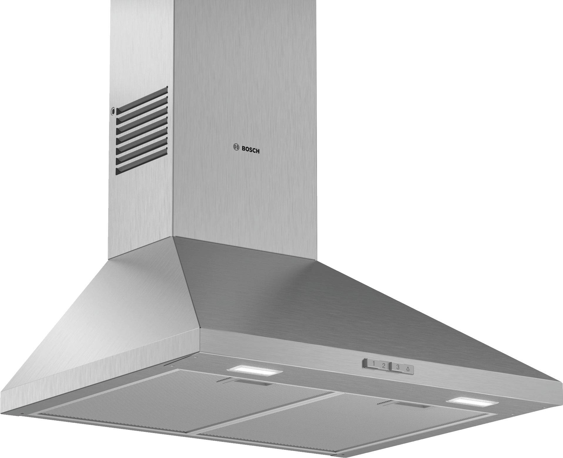 Bosch DWP64BC50 Serie 2 Wandesse, 60 cm breit, Um- & Abluft, Made in Germany, LED-Beleuchtung gleichmäßige Ausleuchtung, Drucktastenschalter, 3 Leistungsstufen, Metallfettfilter spülmaschinengeeignet