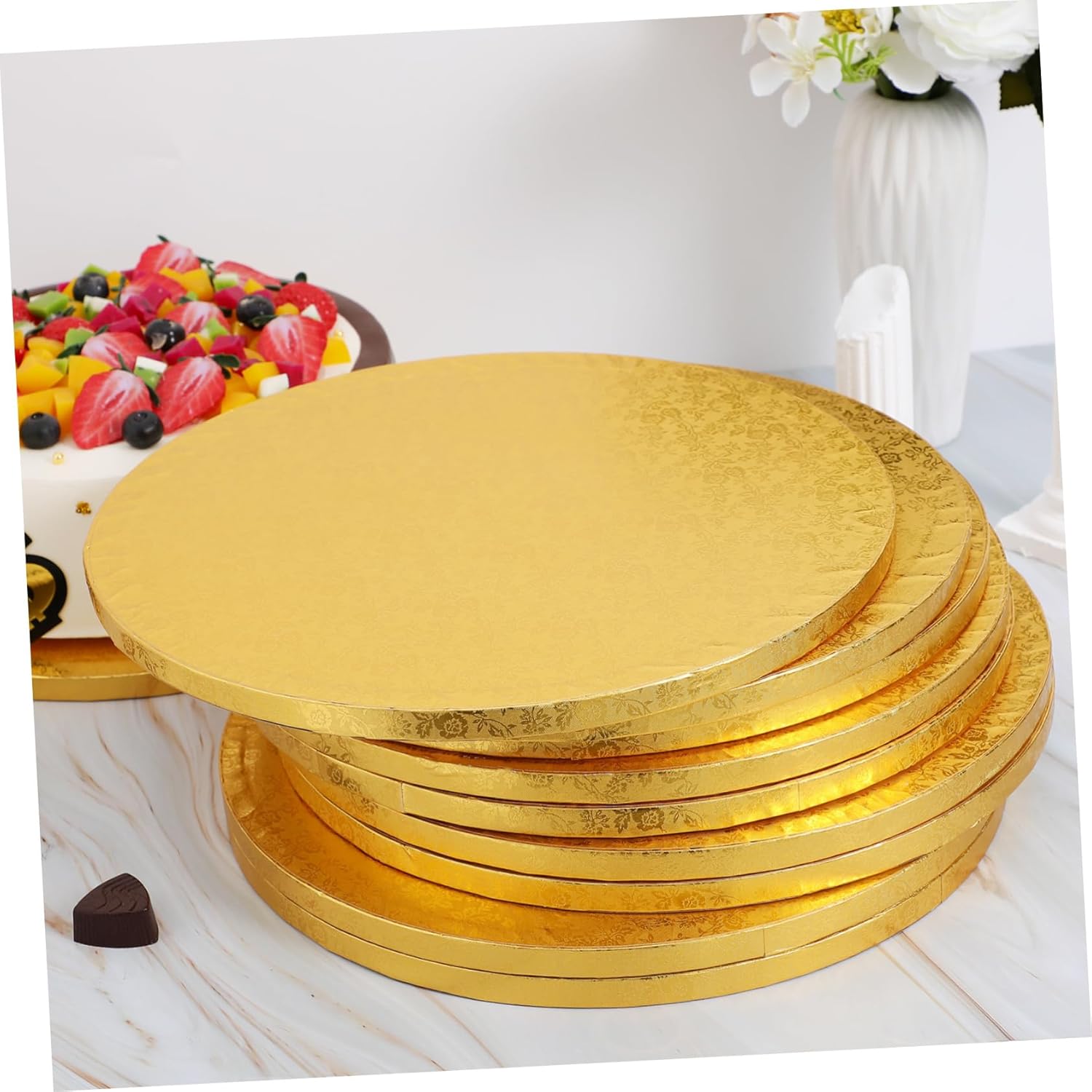 10pcs Gold Paper Cake Drums Round Corrugated Cake Boards for Tiered Wedding Sturdy Display Bases for Events and Bakeries Elegant Design for Presentations