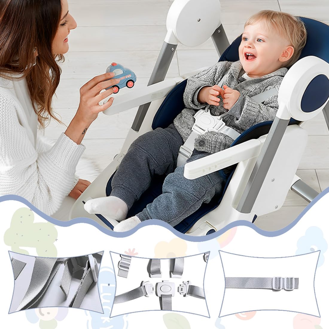 1 Pcs Cinture Universali per Seggiolone Cinghie per Seggiolone a 5 Punti, Regolabile Cintura di Sicurezza per Bambini per Seggiolino Cinghie Passeggini,cinghie seggiolone,Con tampone (Grigio)