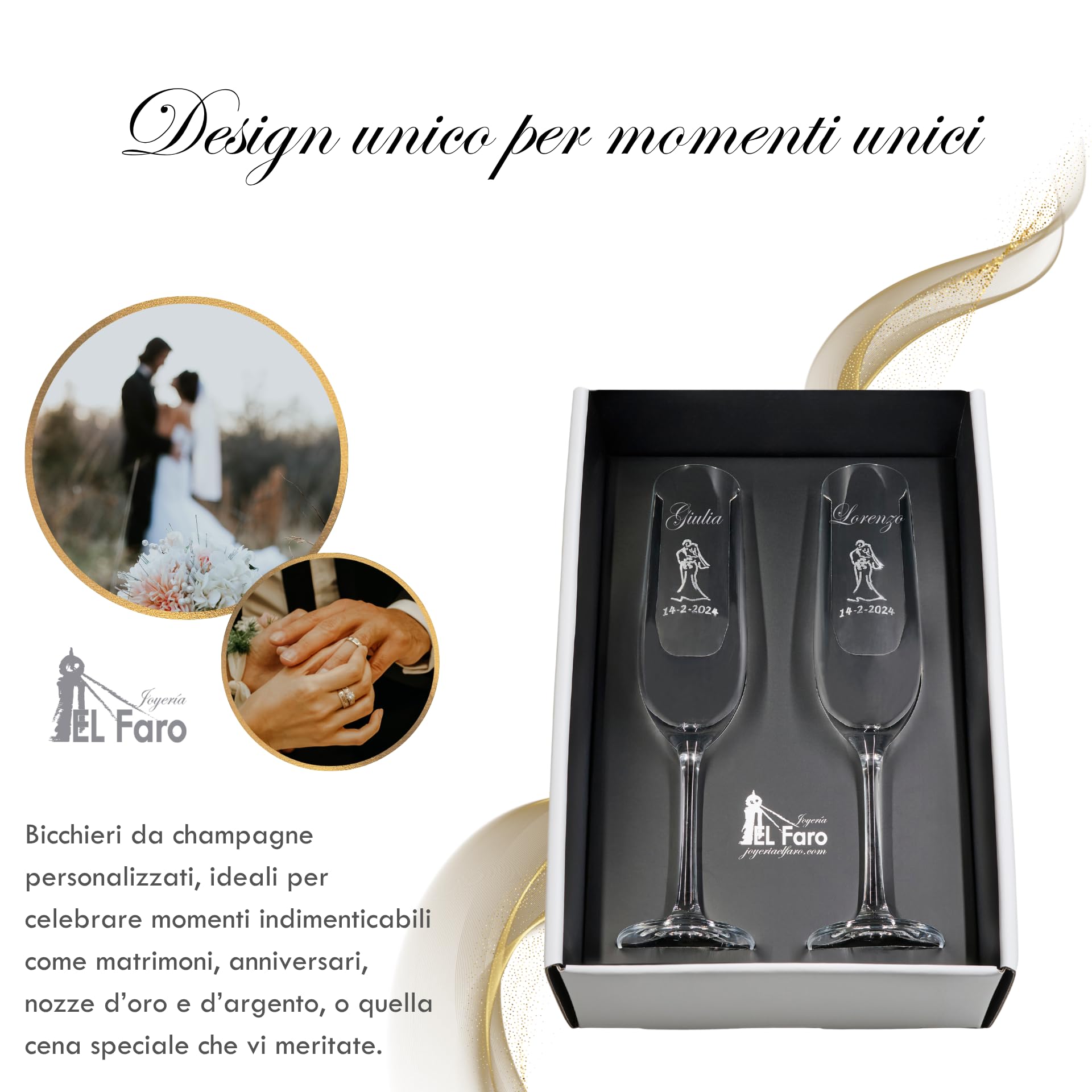 JOYERIA EL FARO | Calici personalizzati per sposi | Incisi con nomi | Cristallo di Boemia ad alta resistenza | Cofanetto premium | Brinda all’amore