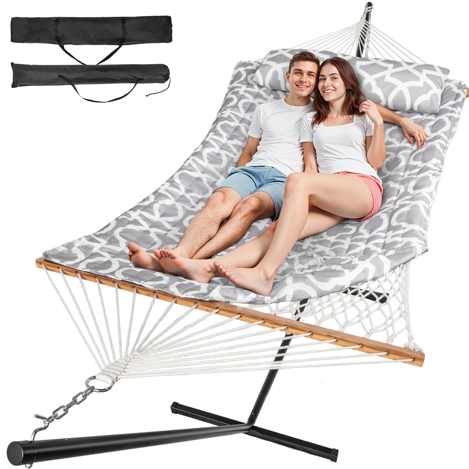 Everyfun 2 Person Double Hammock with Stand, 500 lb Cotton Rope, White Gray