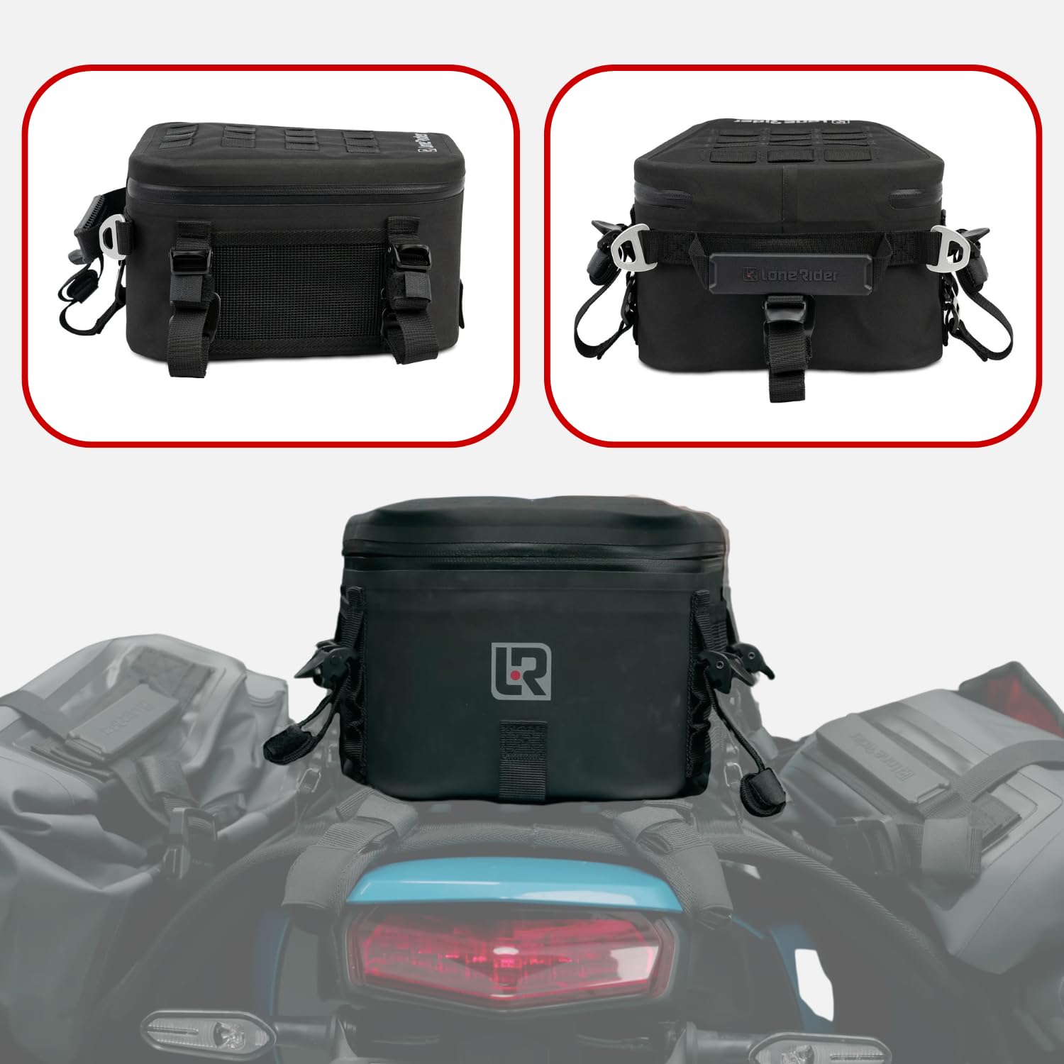 Lone Rider Bolsa de Sillín Moto 8L - Impermeable, Semirrígida | Paneles MOLLE, sistema de correas seguro & interior acolchado. Se adapta a asientos, parrillas, maletas & alforjas.