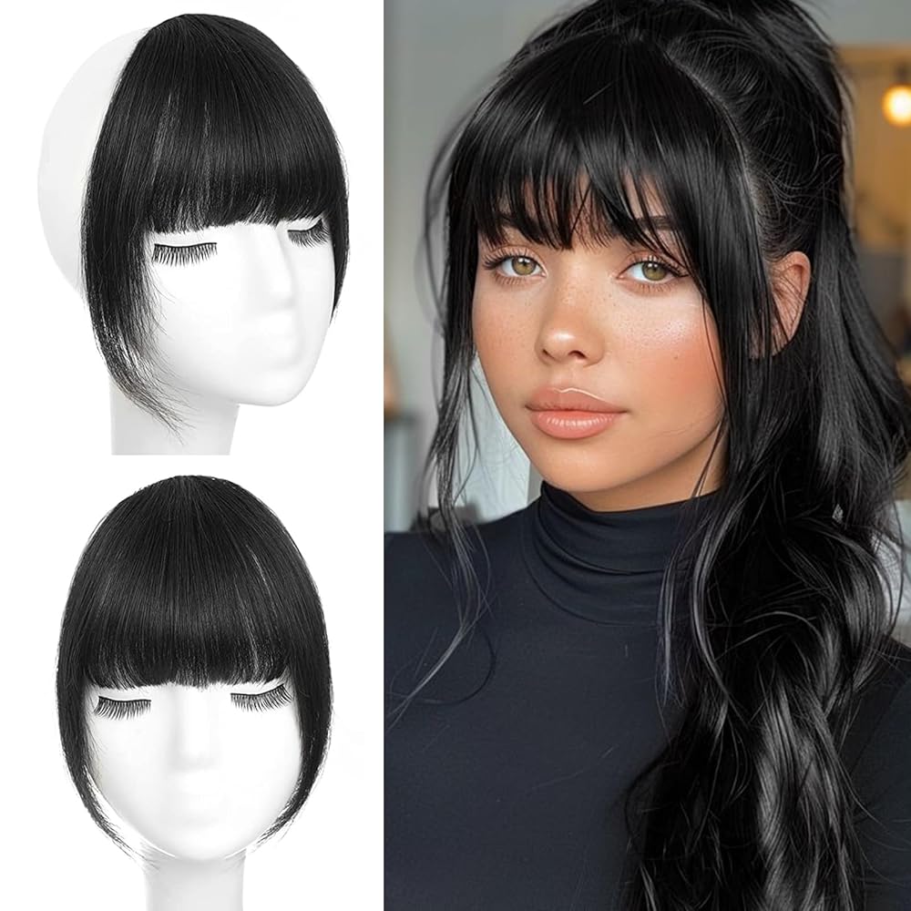BOGSEA Clip in Bangs 100% Human Hair Bangs with Temples Bangs Hairpieces for Women Clip in Fake Bangs for Daily Wear (Natural Black, French Bangs)