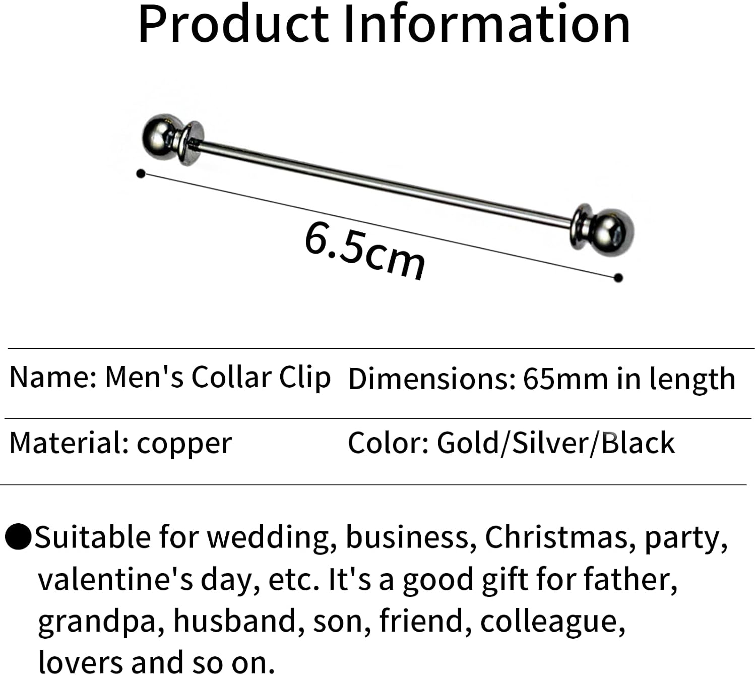 3PCS Collar Pin & Bar Set- Brass Ball Collar Bar Pins for Men,Lapel Stick Brooch for Anniversary Wedding Party Meeting