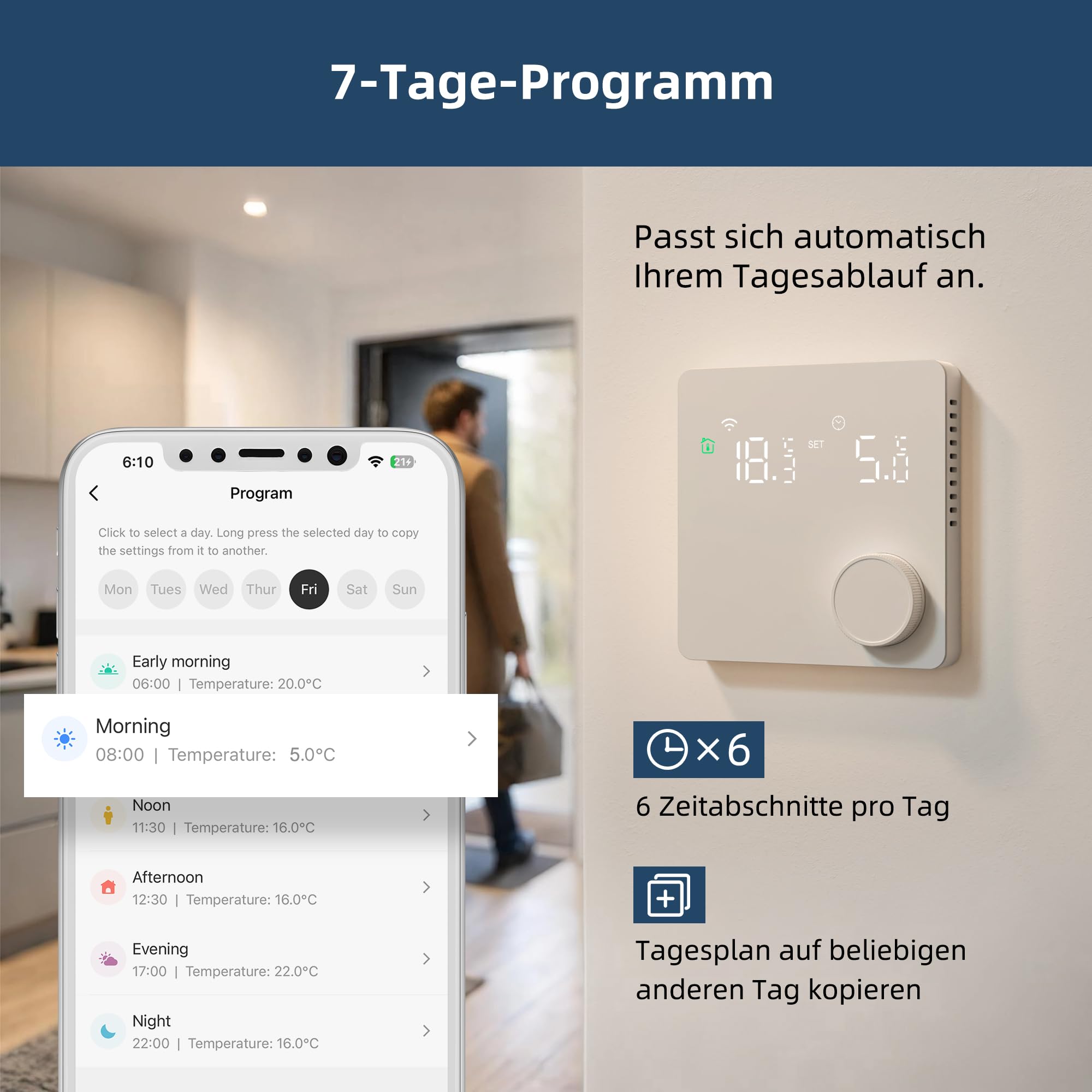 Beok Fussbodenheizung Thermostat Digital, WiFi Wasser Fußbodenheizung Smart Raumthermostat Tagesprogramm Kompatibel mit Alexa Tuya APP Steuerung 3A 230V Weiß mit Drehregler