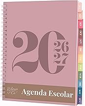 Rileys School Agenda 2026-2027, Ring Binder Agenda 2026 with Academic Daily Planner, College Planner for School Use, Dietary Type for Appointments (20 × 15 cm, Pink, Typographic, Spanish)