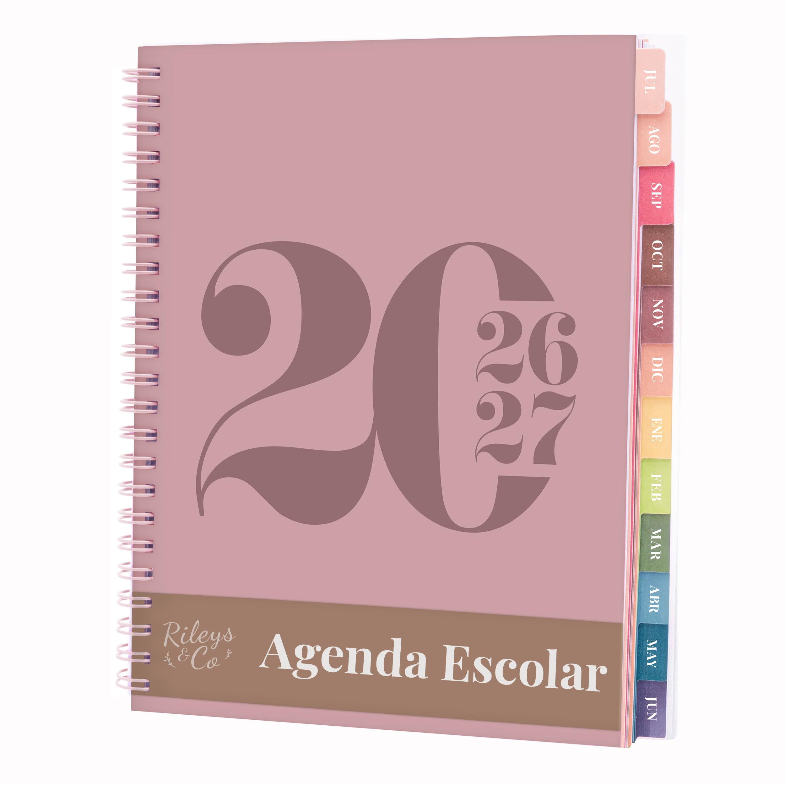 Rileys Agenda Escolar 2026–2027, Agenda Anillas 2026 con Planificador Diario Académica, Planner Universitaria para uso Escolares, Dietario tipo para Citas (20 × 15 cm, Rosa, Tipográfico, en español)