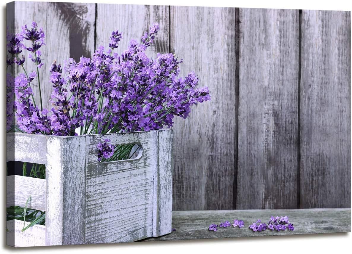QINGYI Wall Art for Living Room Rustic Home Decor Canvas Wall Art - Purple Lavender Flowers on Vintage Wood Background Modern Living Room/Bedroom Decoration Stretched and Ready to Hang …