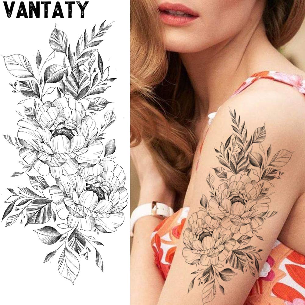 VANTATY 8 Sheets Petal 3D Black Flower Rose Temporary Tattoos For Women Waterproof Fake Body Art Arm Sketch Tattoo Stickers For Girls Shoulder Arm Leaf Tatoo Adults Beauty. : Beauty & Personal Care